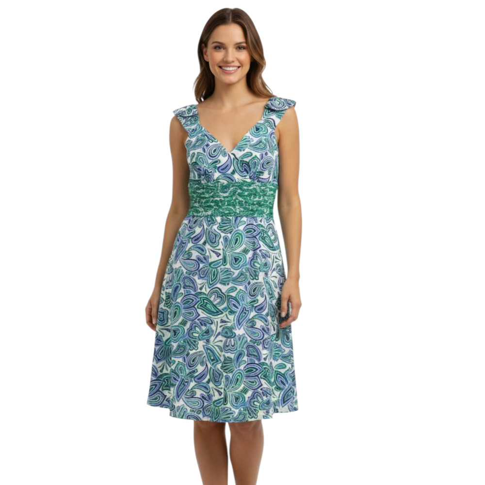 Chadwicks Dress Womens Size 10 Y2K Coastal Grandma Boho Paisley Green Blue Retro